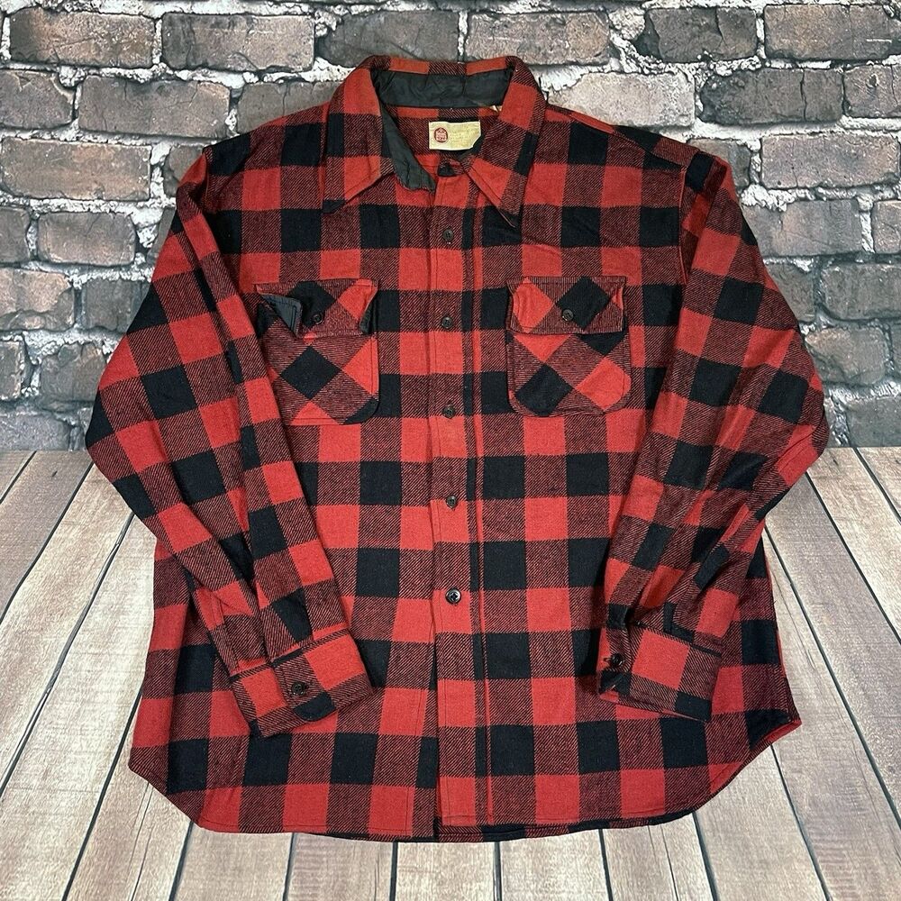 Vintage 70s Sears Kings Road Wool Flannel Buffalo Plaid Button Shirt Men Size XL